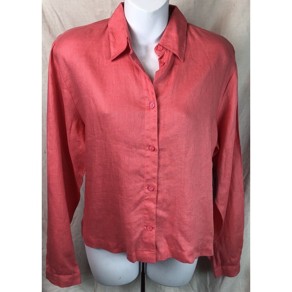 Nwt Marsh Landing Linen Top M/L Dk Peach Button Up Longsleeve Office Career